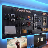 RGB Gaming Pegboard Wall Organizer with Metal Panels and Hooks, 12x24 Setup